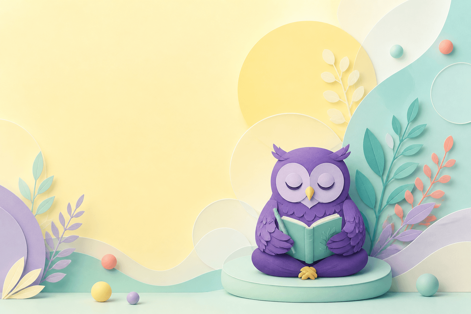The Mental-Well owl journaling in a calm abstract wellness studio