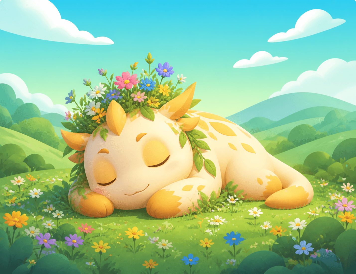 A sleepy flower-crowned wellness creature resting in a meadow