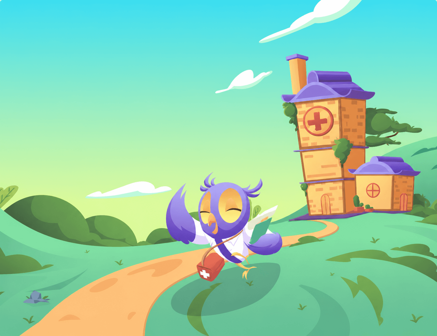 Illustrated wellness guide walking toward a colorful mental health clinic